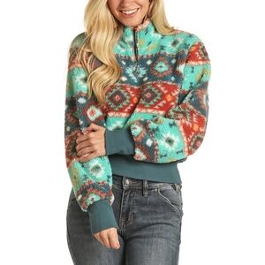 Rock & Roll Cowgirl Denim Aztec Turquoise Sherpa Pullover Sz M